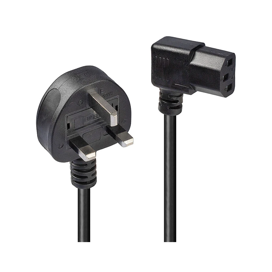 Lindy 1m UK 3 Pin Plug to Right Angled IEC C13 Mains Power Cable, Black
