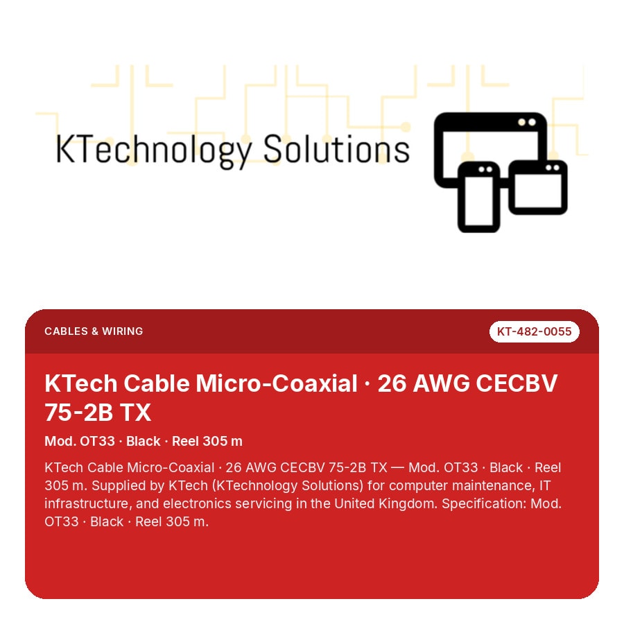 KTech Cable Micro-Coaxial · 26 AWG CECBV 75-2B TX — Mod. OT33 · Black · Reel 305 m