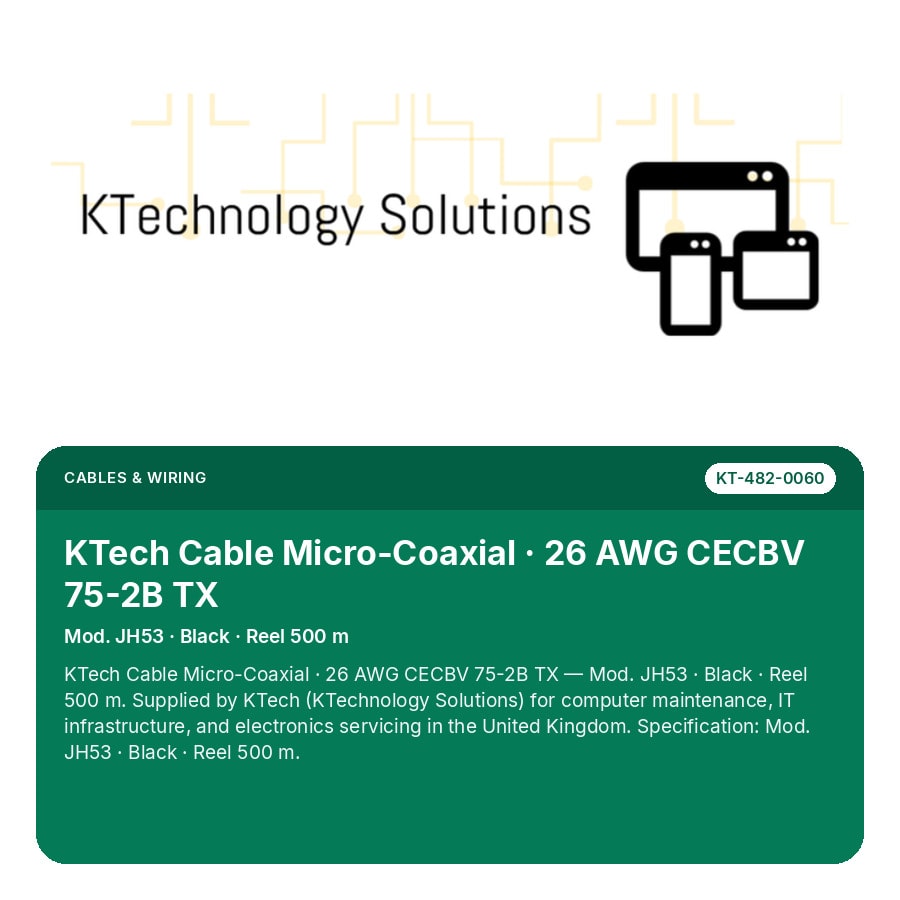 KTech Cable Micro-Coaxial · 26 AWG CECBV 75-2B TX — Mod. JH53 · Black · Reel 500 m