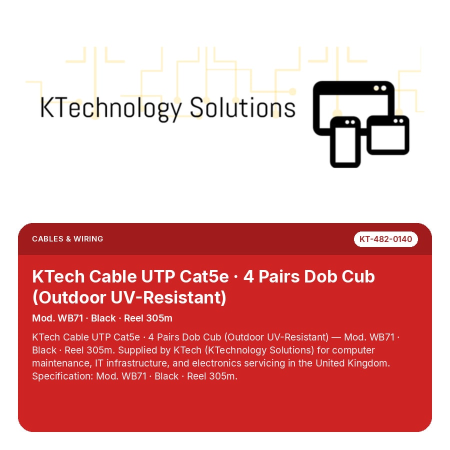 KTech Cable UTP Cat5e · 4 Pairs Dob Cub (Outdoor UV-Resistant) — Mod. WB71 · Black · Reel 305m