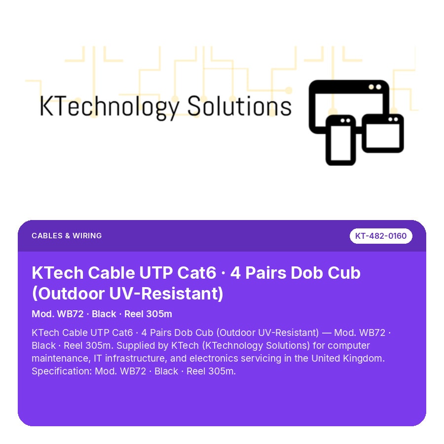 KTech Cable UTP Cat6 · 4 Pairs Dob Cub (Outdoor UV-Resistant) — Mod. WB72 · Black · Reel 305m