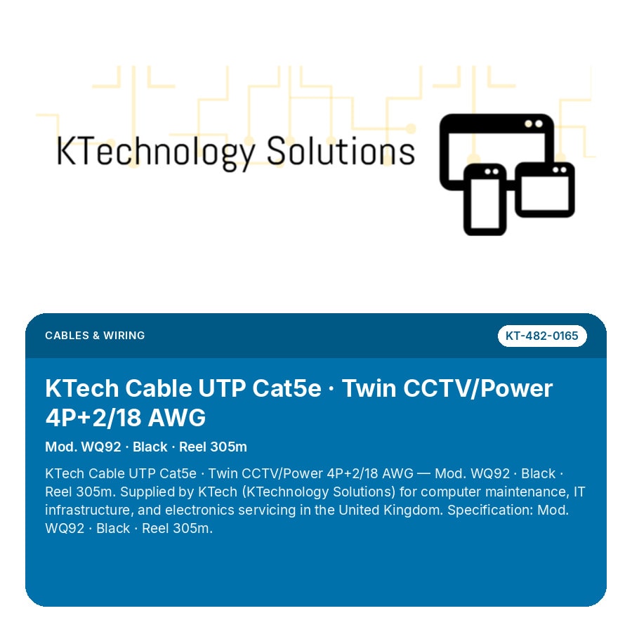 KTech Cable UTP Cat5e · Twin CCTV/Power 4P+2/18 AWG — Mod. WQ92 · Black · Reel 305m