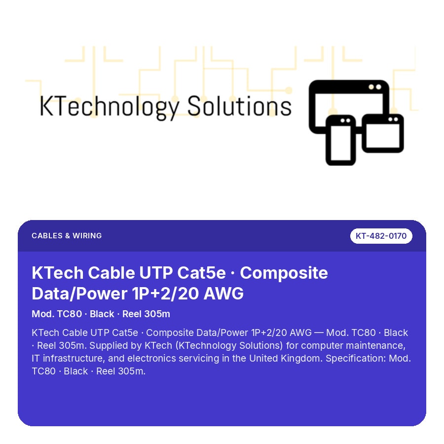 KTech Cable UTP Cat5e · Composite Data/Power 1P+2/20 AWG — Mod. TC80 · Black · Reel 305m