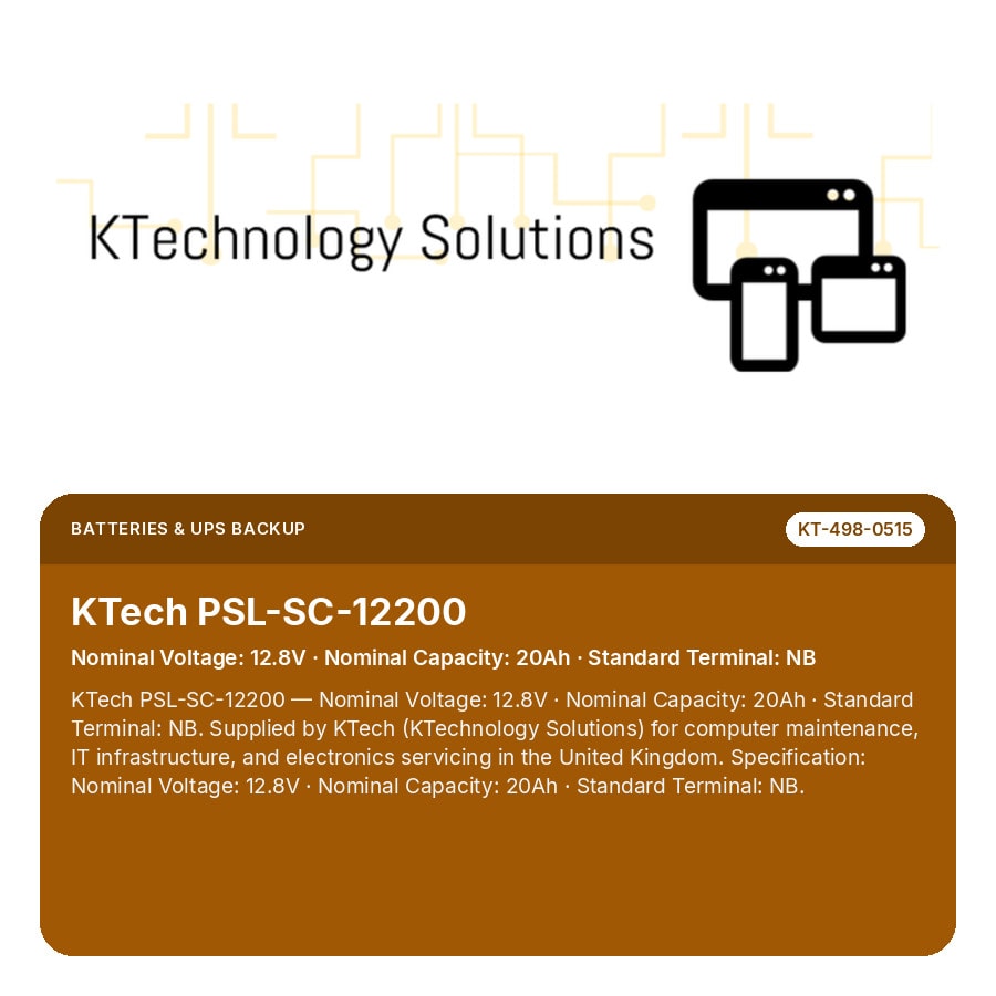KTech PSL-SC-12200 — Nominal Voltage: 12.8V · Nominal Capacity: 20Ah · Standard Terminal: NB