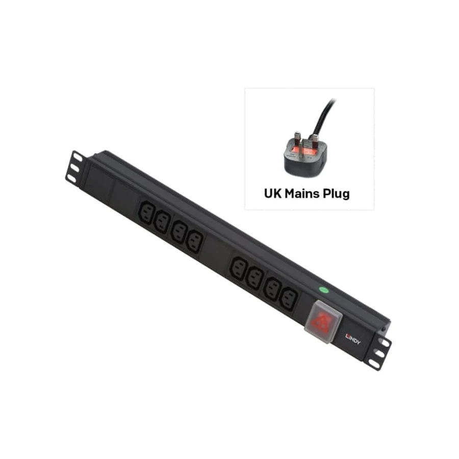 Lindy 1U 8 Way IEC Sockets, Horizontal PDU with UK Mains Plug
