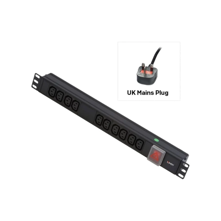 Lindy 1U 10 Way IEC Sockets, Horizontal PDU with UK Mains Plug