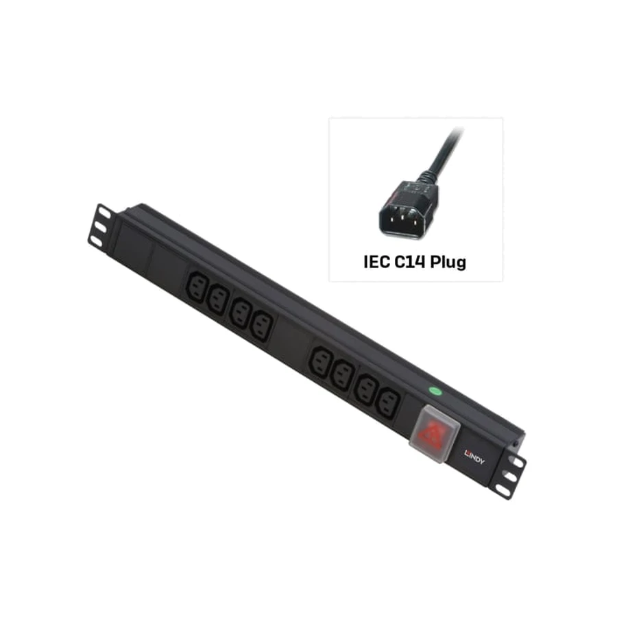 Lindy 1U 8 Way IEC Sockets, Horizontal PDU with 3m IEC Mains Cable