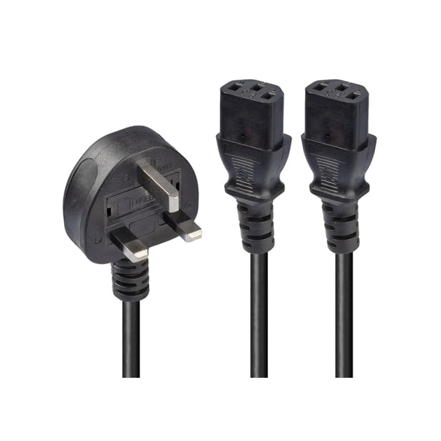 Lindy 2.5m UK 3 Pin Plug to 2 x IEC C13 Splitter Extension Cable, Black