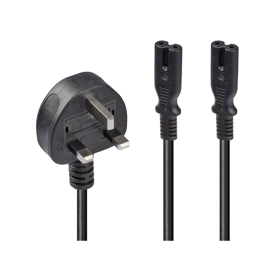 Lindy 2.5m UK 3 Pin Plug to 2 x IEC C7 Splitter Extension Cable, Black