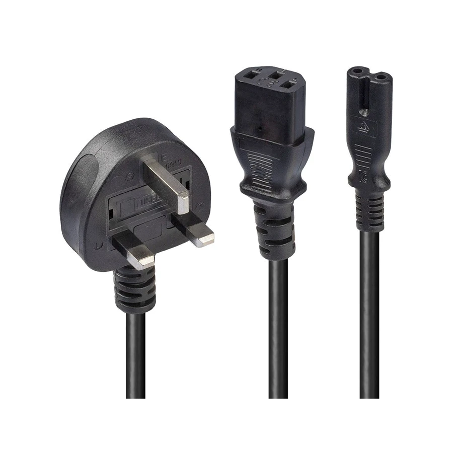 Lindy 2.5m UK 3 Pin Plug to IEC C13 and IEC C7 Splitter Extension Cable, Black