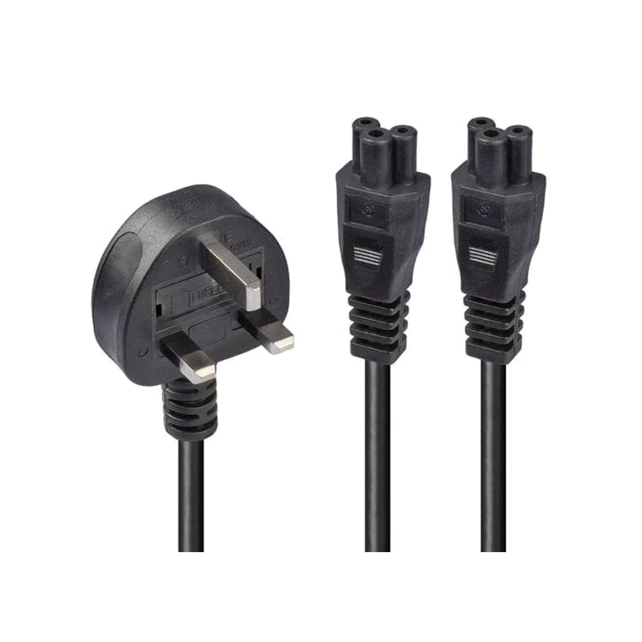 Lindy 2.5m UK 3 Pin Plug To IEC 2 x C5 Splitter Extension Cable, Black