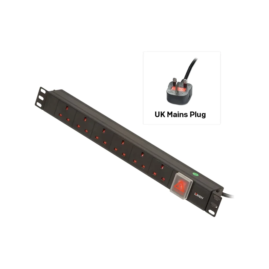 Lindy 1U 6 Way UK Sockets, Horizontal PDU with UK Plug