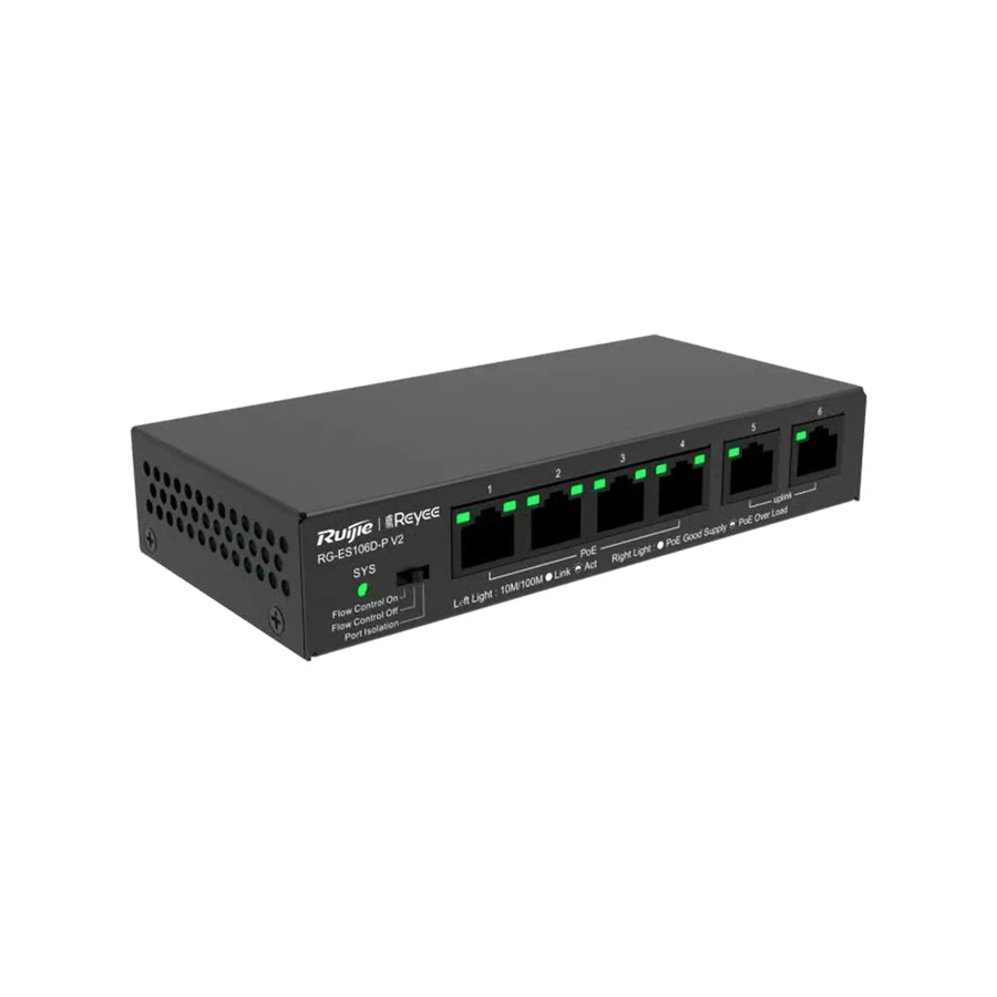 Ruijie Networks RG-ES106D-P V2 network switch Unmanaged Fast Ethernet (10/100) Power over Ethernet (PoE) Black